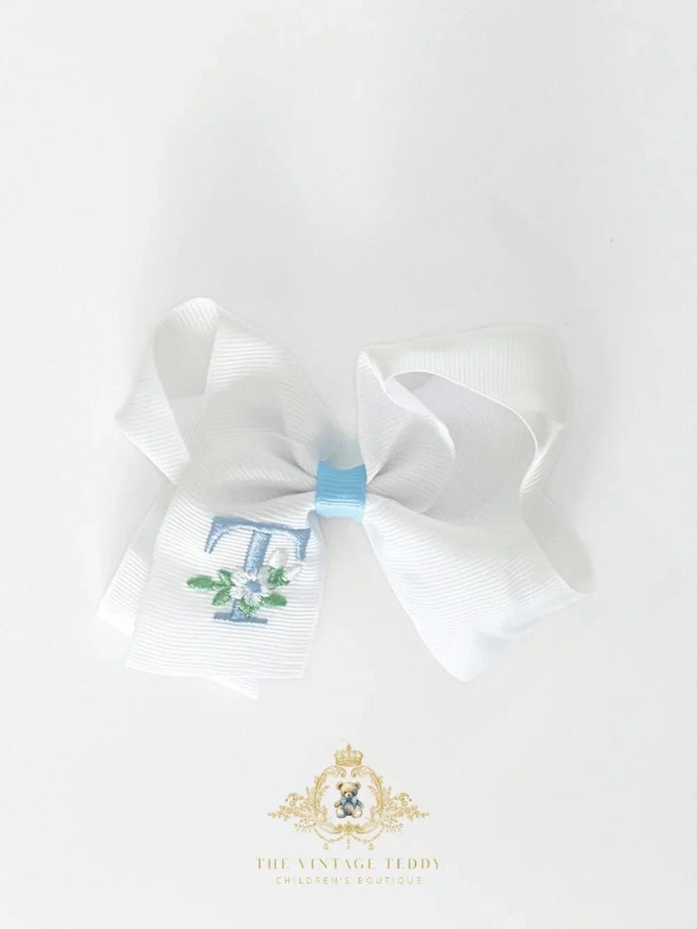 NWT Pretty Girls Hair Bows Floral Embroidered Grosgrain Ribbon Letter T Set of 2